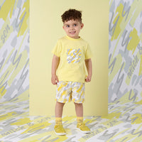 SS25 Mitch & Son GIOVANI & GIANCARLO Yellow White & Grey Logo Doodle Print T-Shirt & Swim Shorts Set