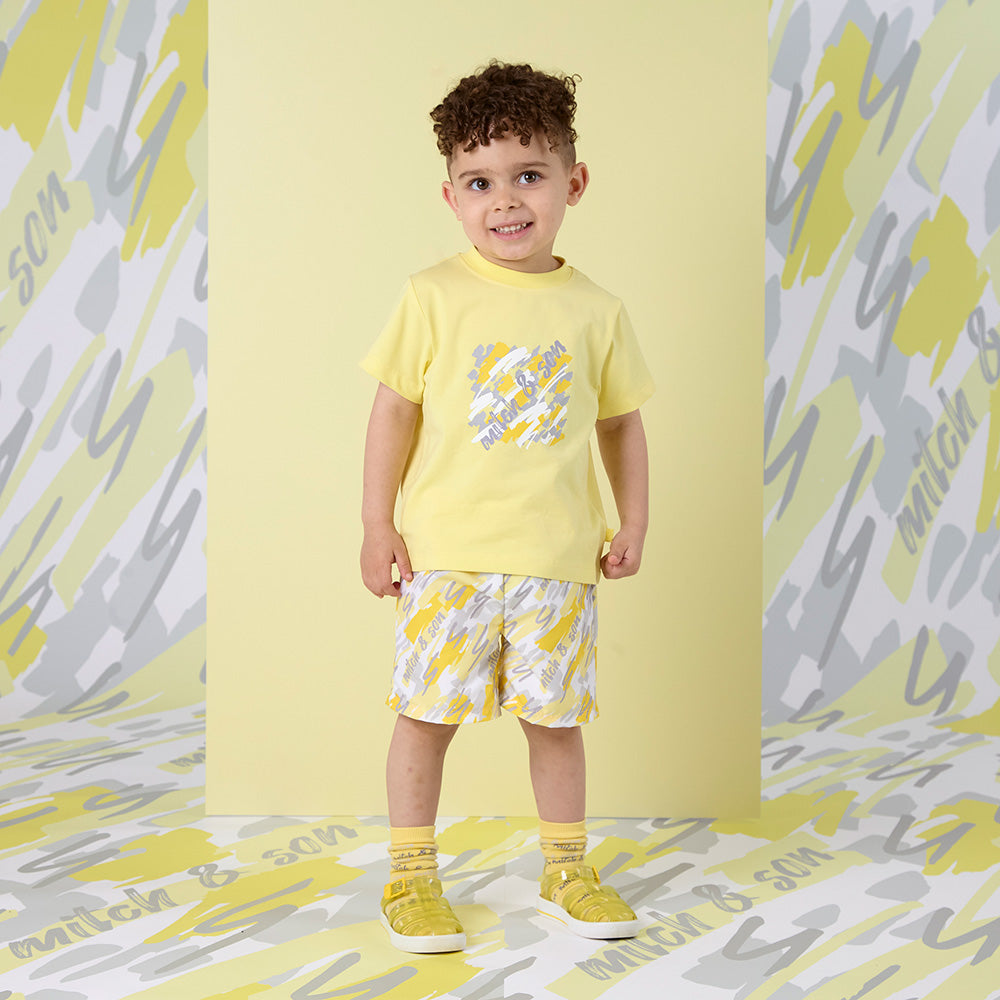 SS25 Mitch & Son GIOVANI & GIANCARLO Yellow White & Grey Logo Doodle Print T-Shirt & Swim Shorts Set