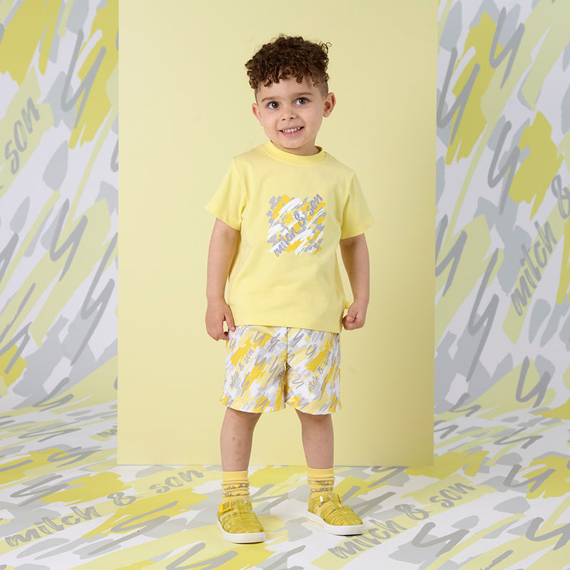 SS25 Mitch & Son GIOVANI & GIANCARLO Yellow White & Grey Logo Doodle Print T-Shirt & Swim Shorts Set