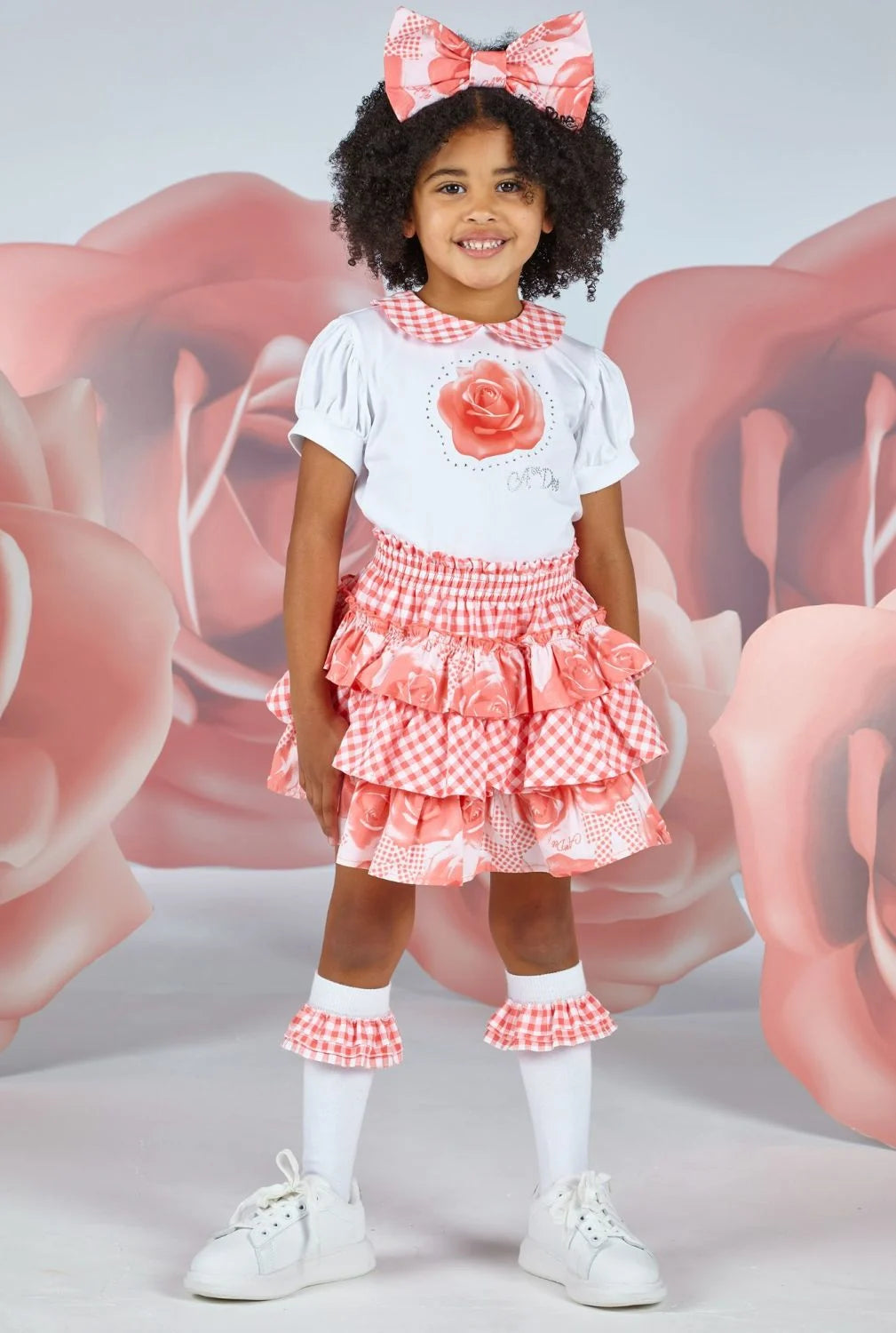 SS23 ADee YVONNE Bright White & Coral Rose Checked Triple Frill Skirt Set