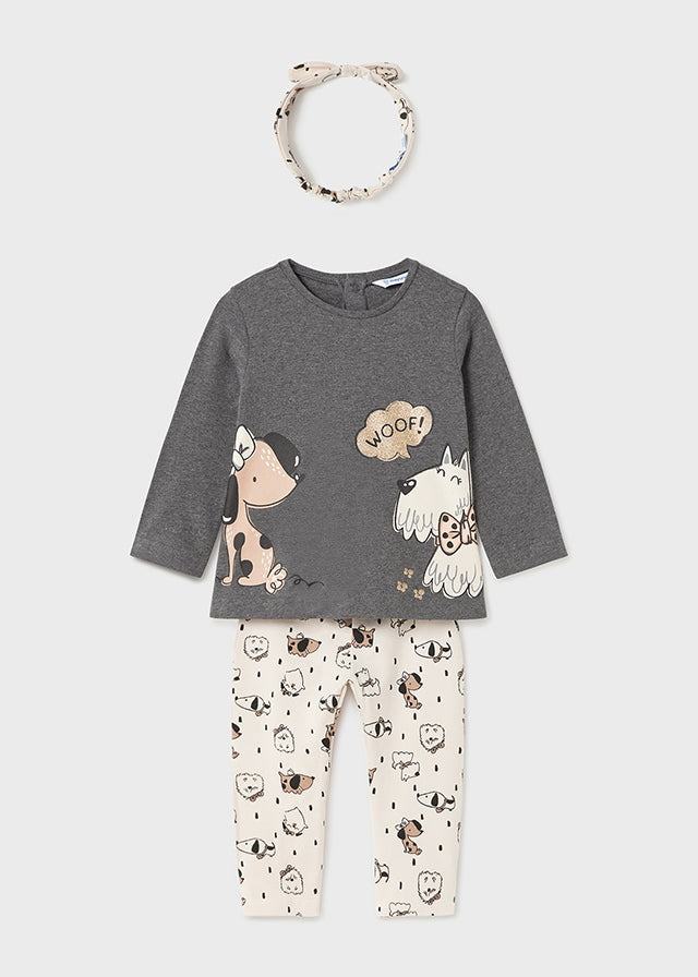 AW23 Mayoral Beige & Grey 'Woof' Two Dogs Animal Leggings Set With Headband