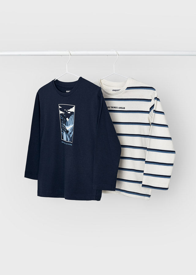 AW23 Mayoral Navy Blue & Multicoloured Striped Two Pack of T-Shirts