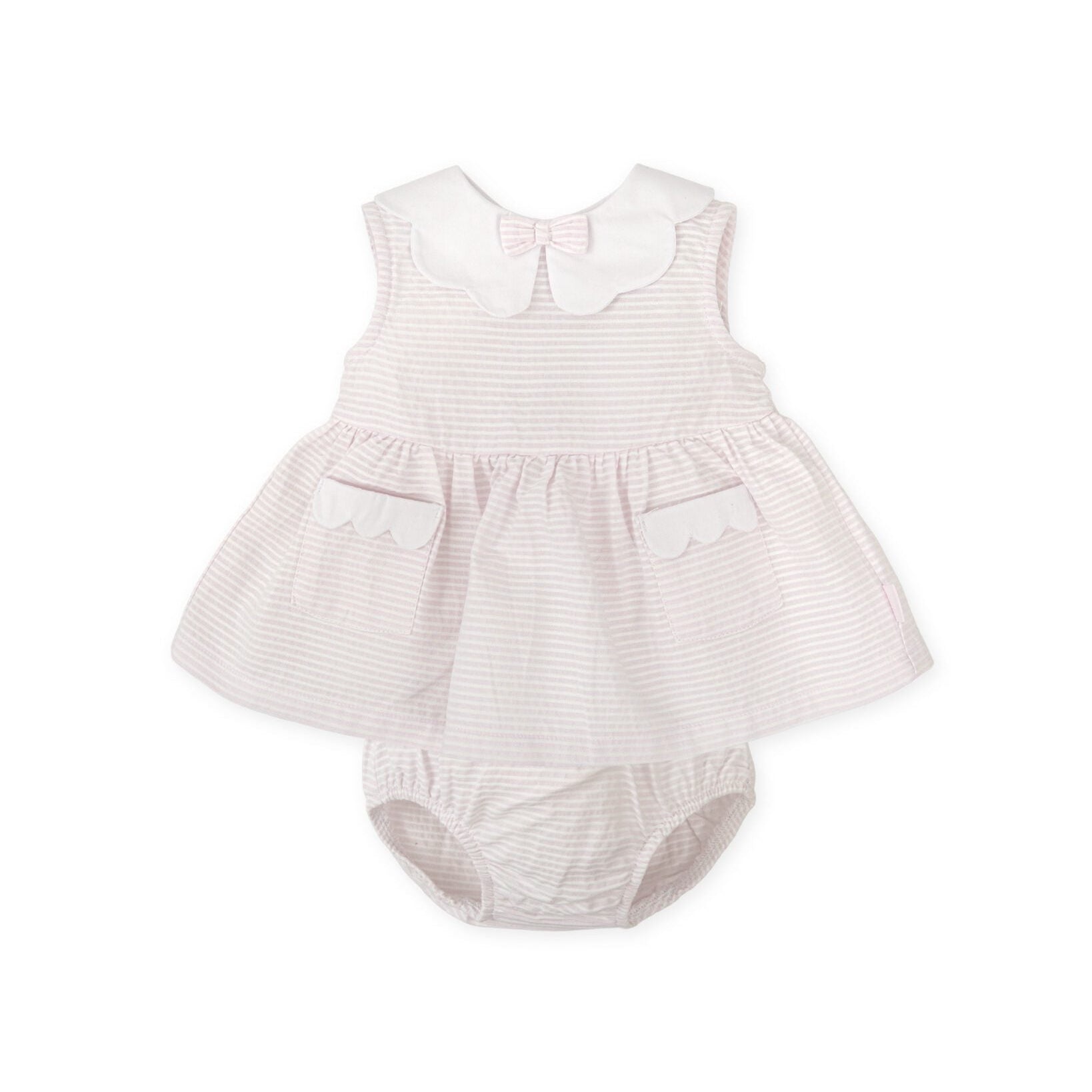SS26 Tutto Piccolo Pink & White Striped Scallop Bow Dress & Knickers Set