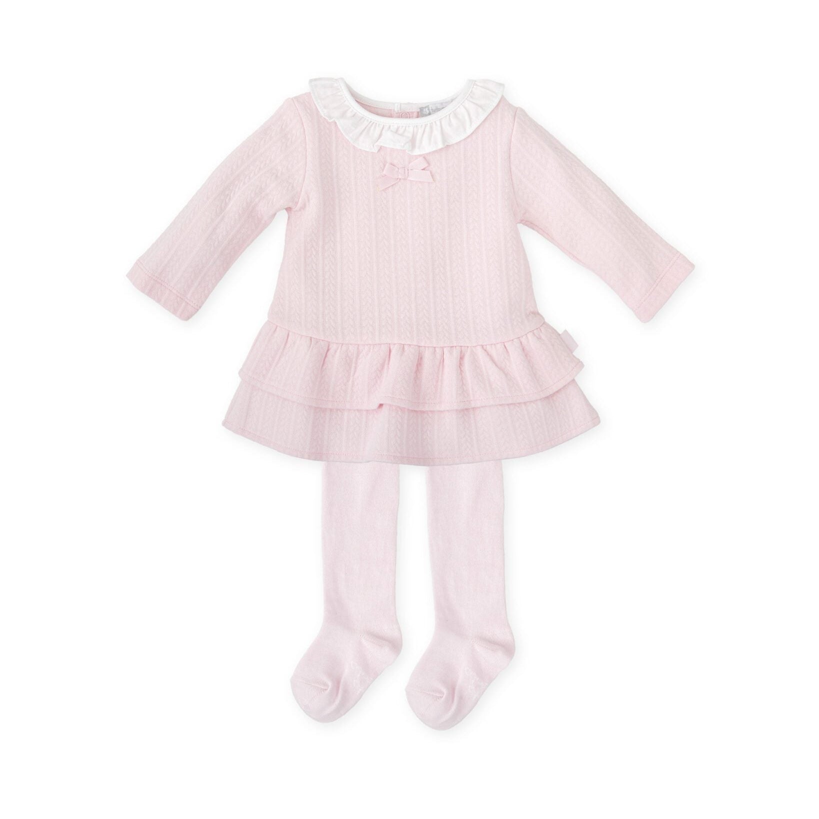 PREORDER AW25 Tutto Piccolo Pink & White Bow Frill Collar Dress With Tights