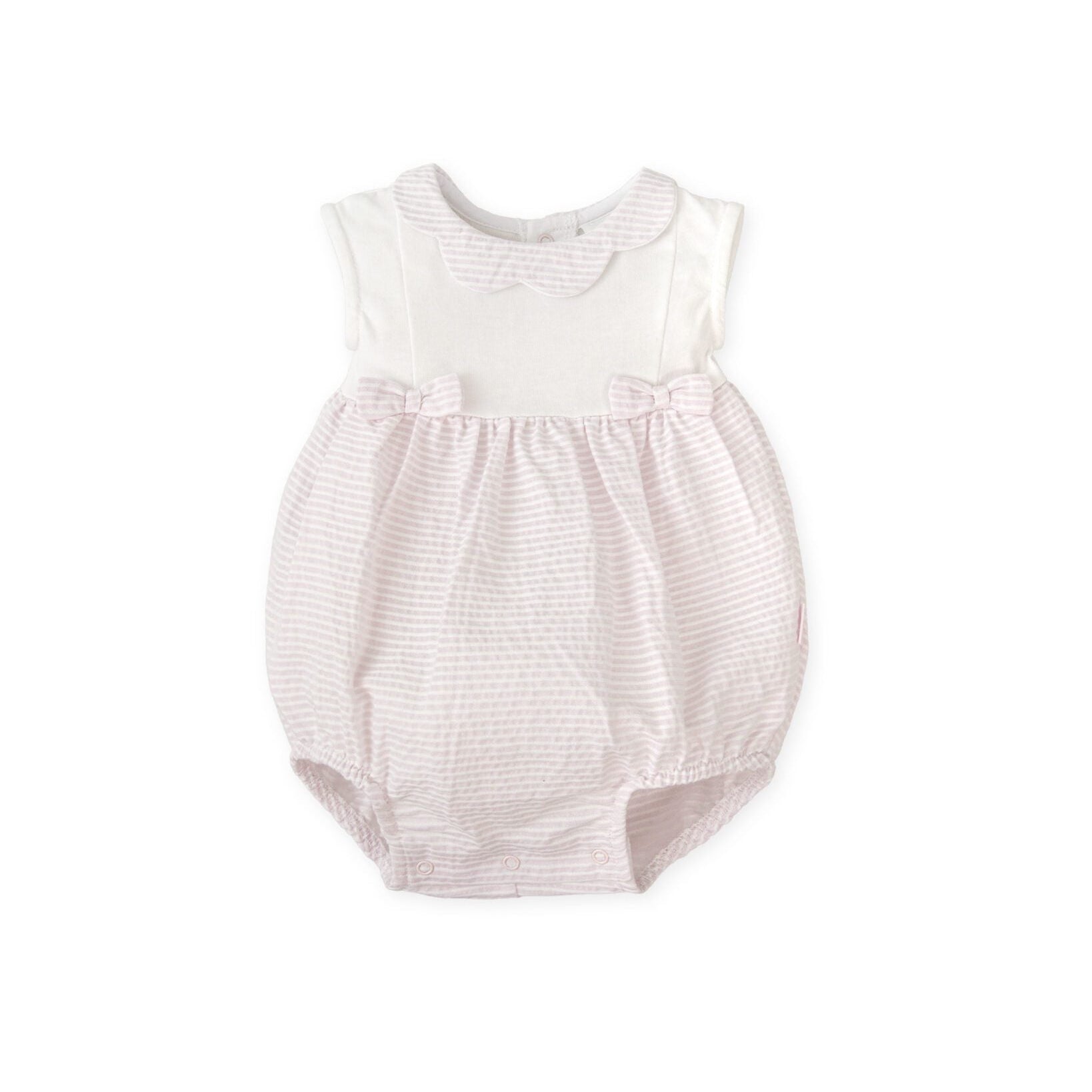 SS26 Tutto Piccolo Pink & White Striped Scallop Bow Romper