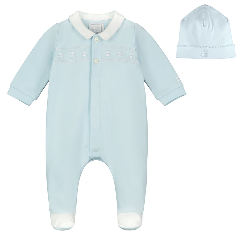 SS24 Emile Et Rose FISHER Pale Blue & White Teddy Babygrow With Hat