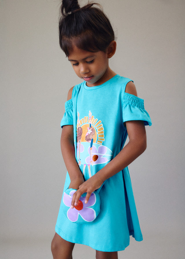 SS26 Mayoral Turquoise Cut Out Flower Handbag Dress