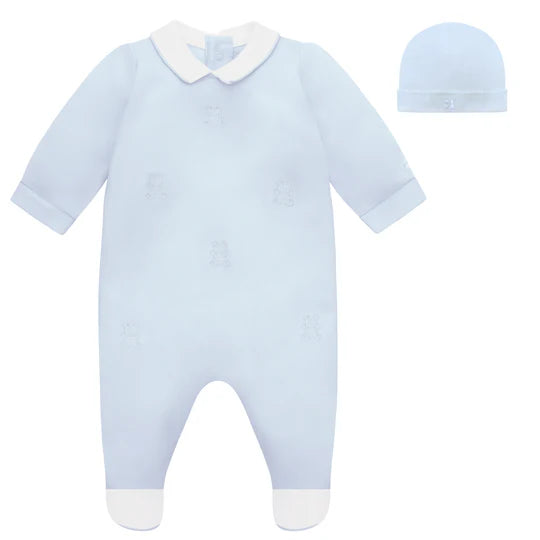 SS26 Emile Et Rose LIONEL Blue Teddy Embroidered Babygrow With Hat
