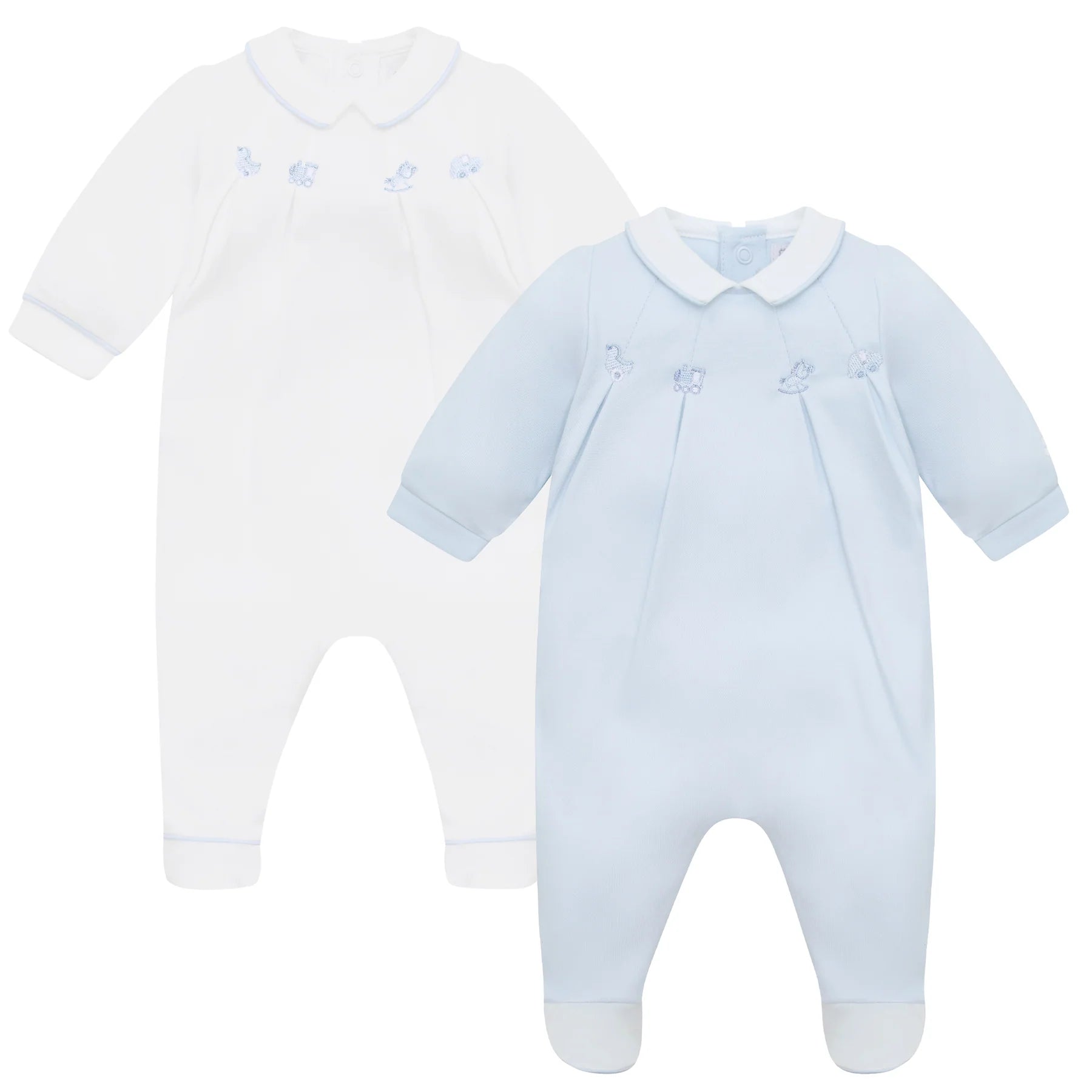 SS26 Emile Et Rose LENNY Blue & White Toy Embroidered Two Pack Of Babygrows
