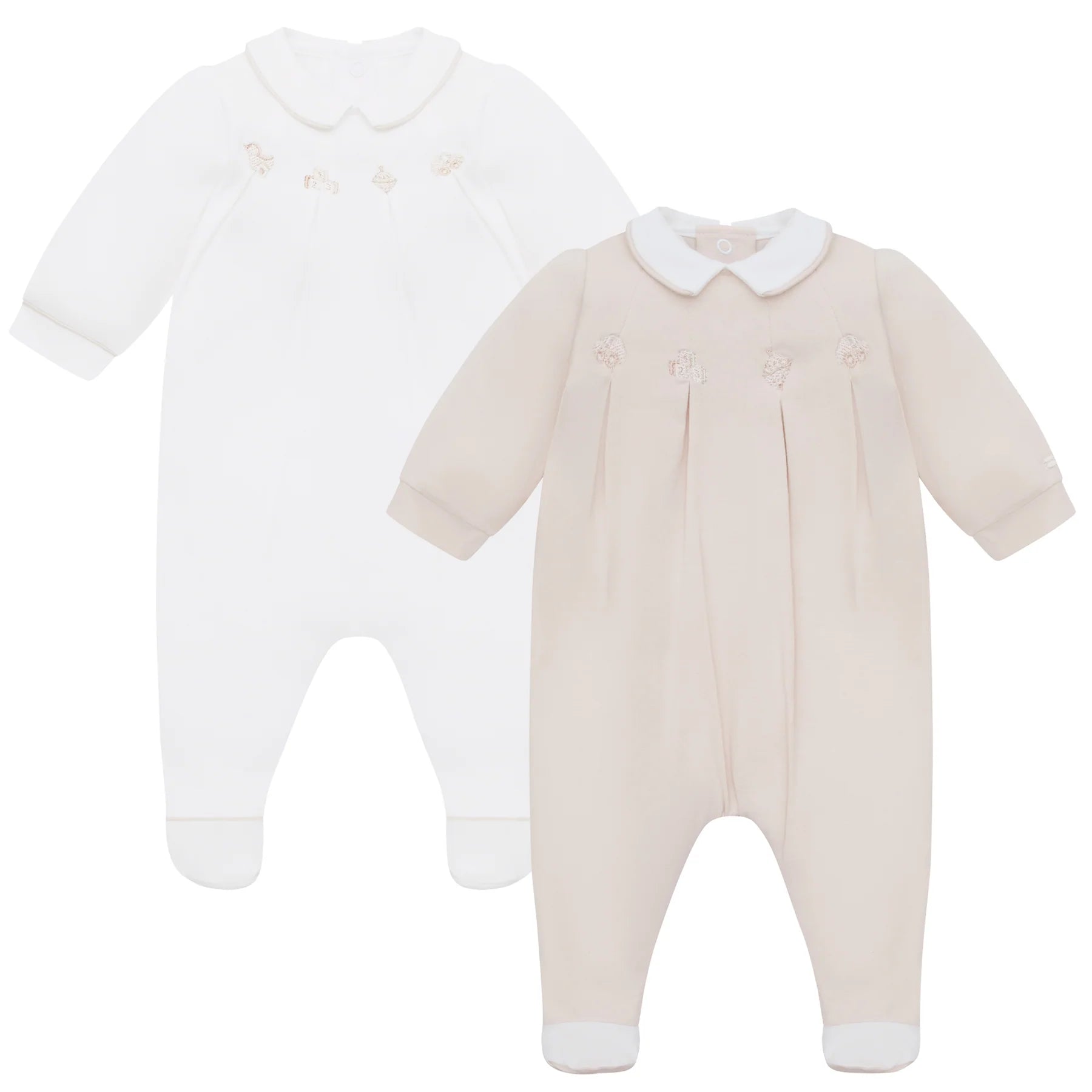 SS26 Emile Et Rose LENNY Stone & White Toy Embroidered Two Pack Of Babygrows