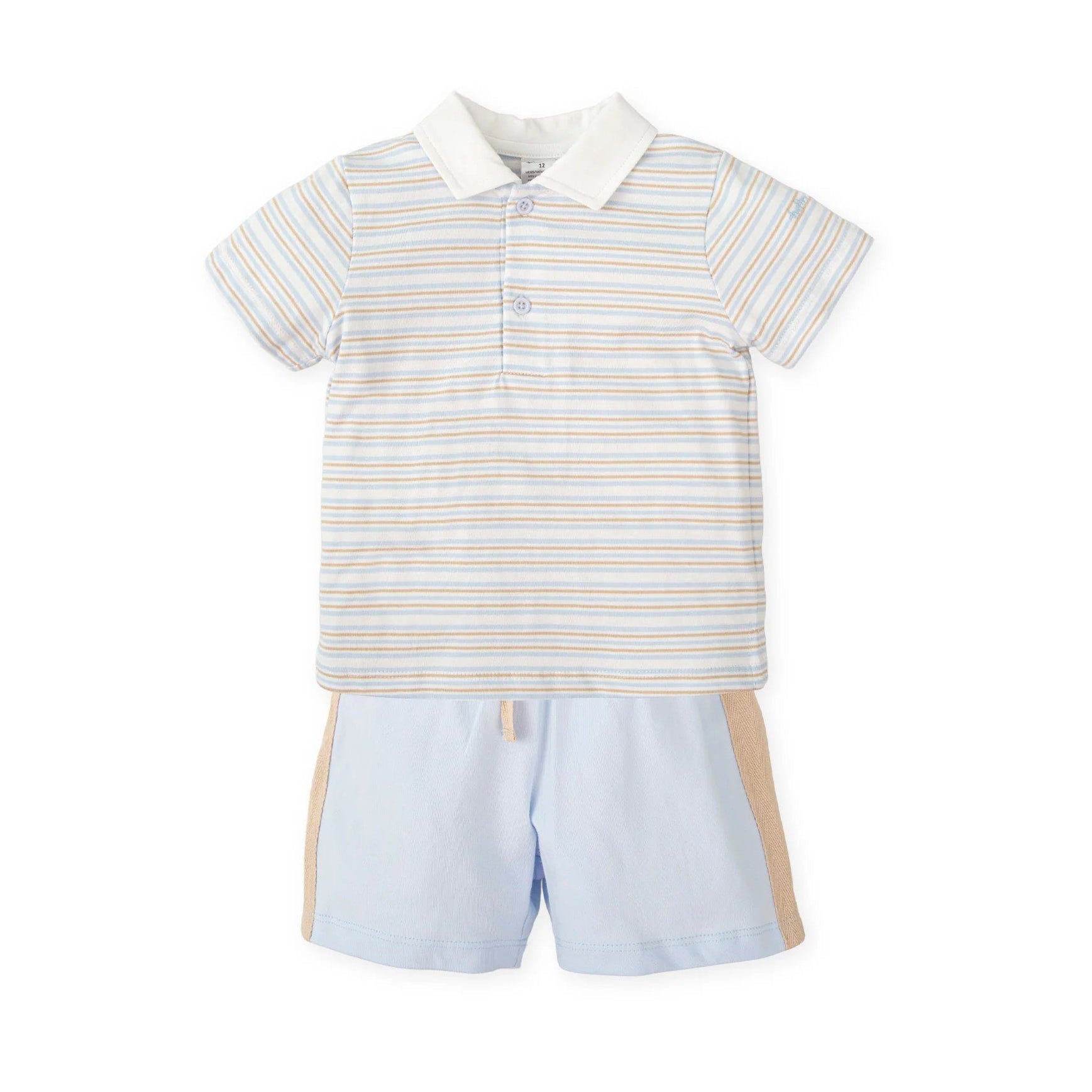 SS26 Tutto Piccolo Blue Beige & White Striped Polo Shorts Set