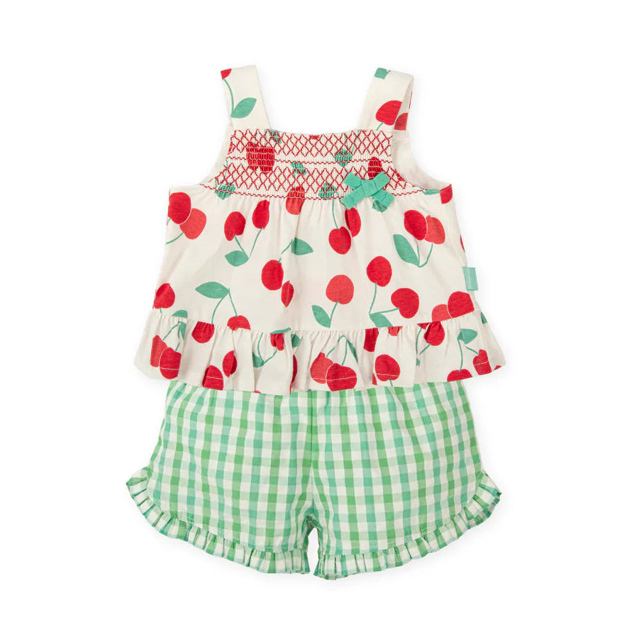 SS26 Tutto Piccolo Green & Red Checked Cherry Frill Shorts Set