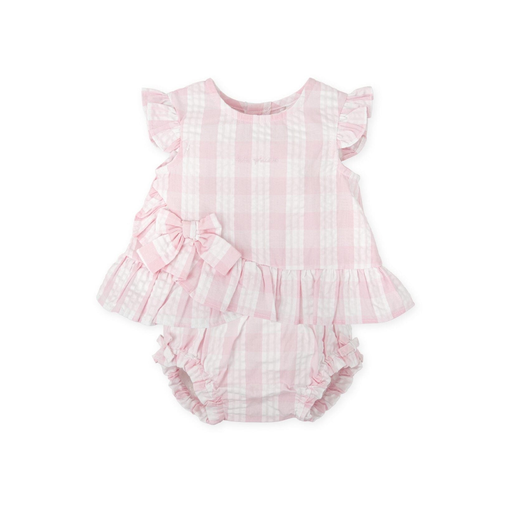 SS26 Tutto Piccolo Pink & White Checked Bow Frill Jam Pants Set