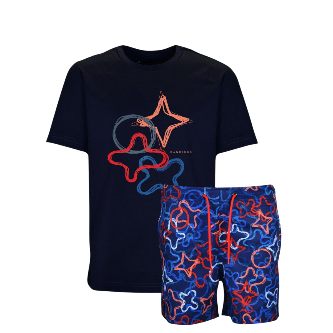SS25 Moda Bandidos Blue Red & Orange Symbols T-Shirt & Swim Shorts Set