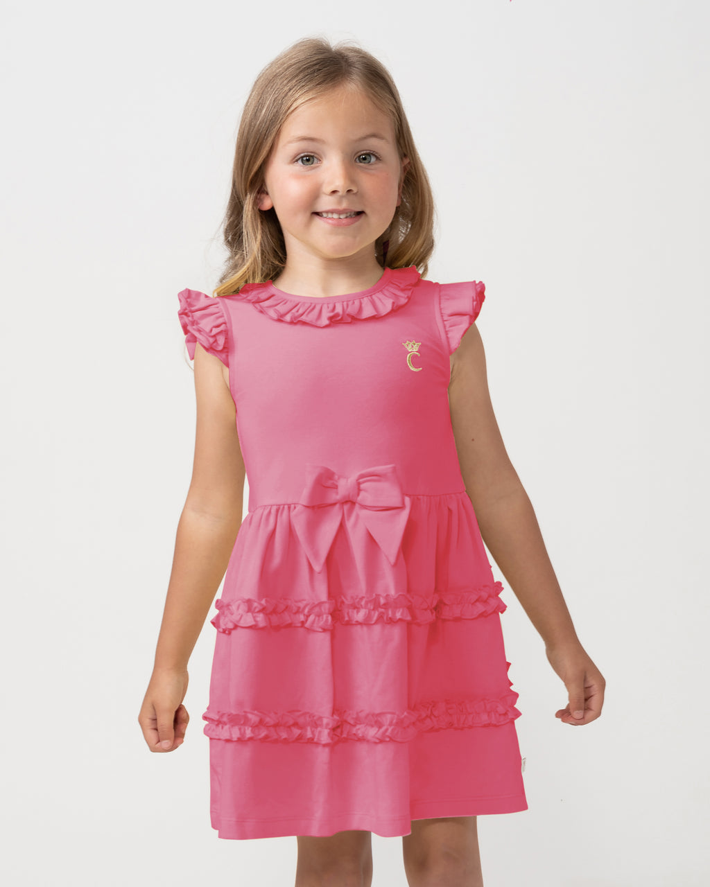 SS24 Caramelo Hot Pink Tiered Bow Frill Dress