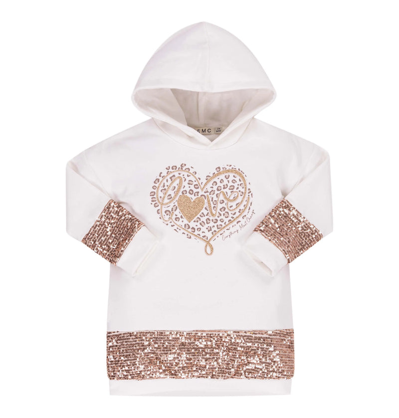 AW23 EMC White & Gold 'Love' Heart Leopard Sequin Hooded Dress