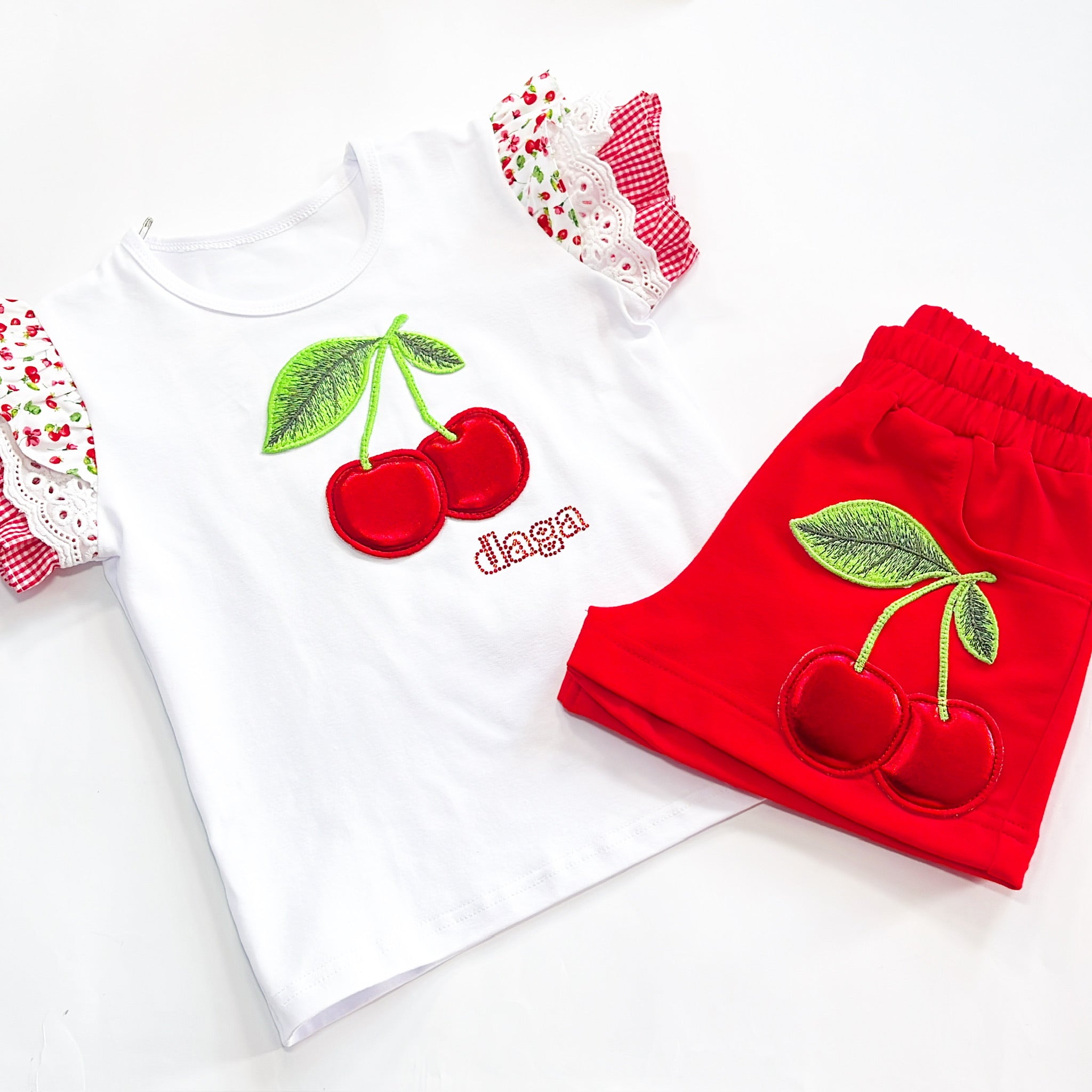 SS25 Daga Red White & Green Cherries Shorts Set