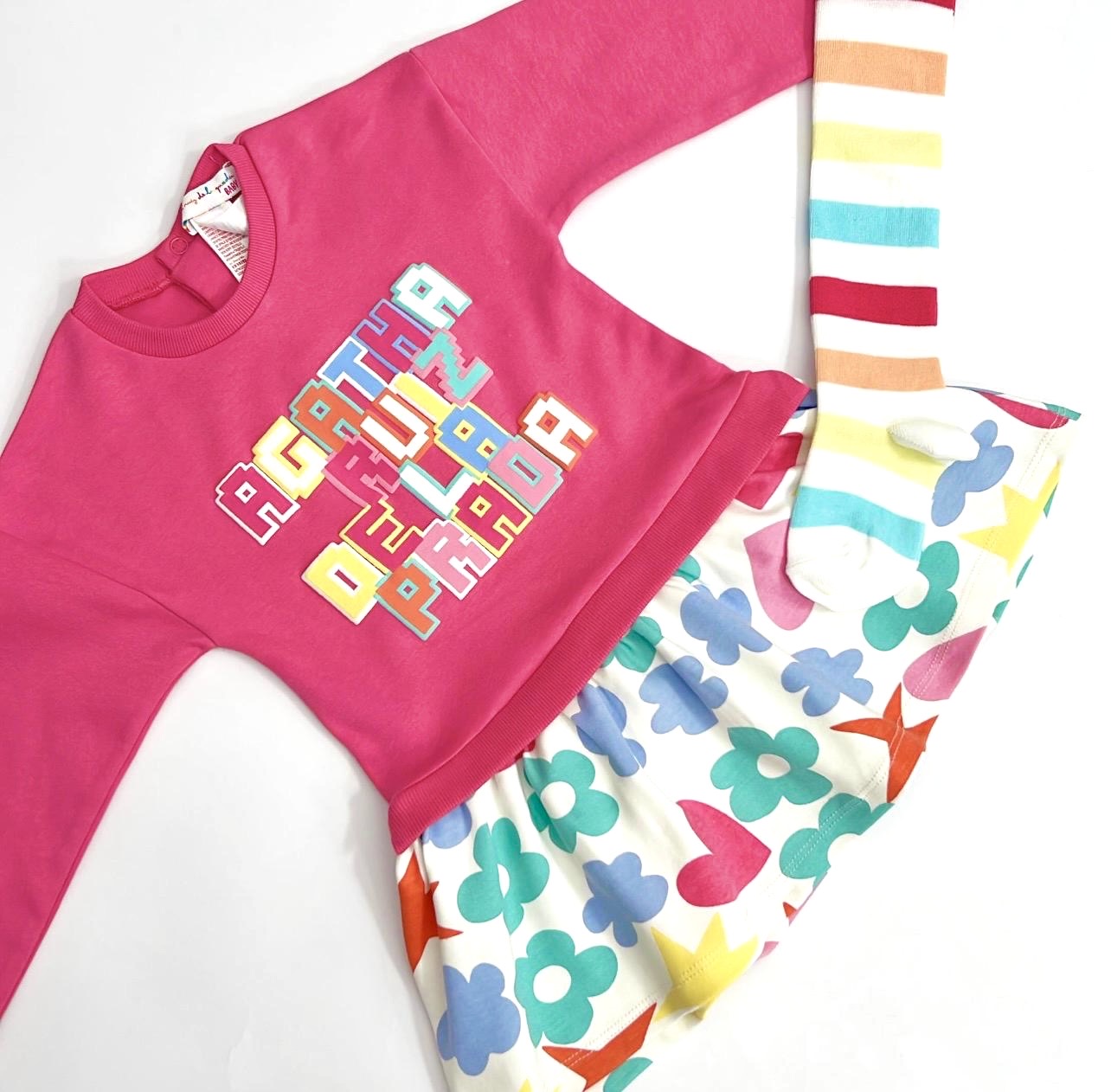 Agatha Ruiz De La Prada Baby Girls Pink Logo Symbols Dress With Tights