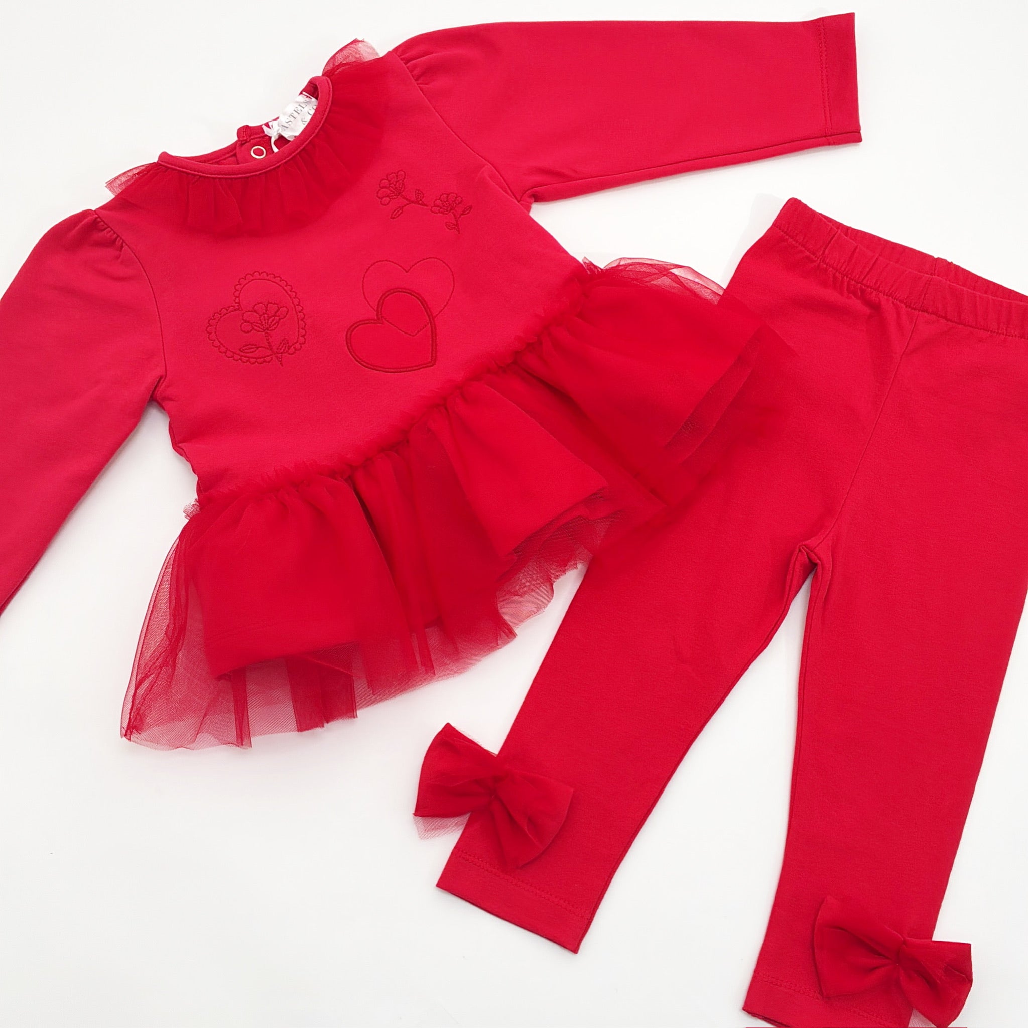 AW25 Pastels & Co MARIA Red Hearts & Flowers Tulle Frill Leggings Set