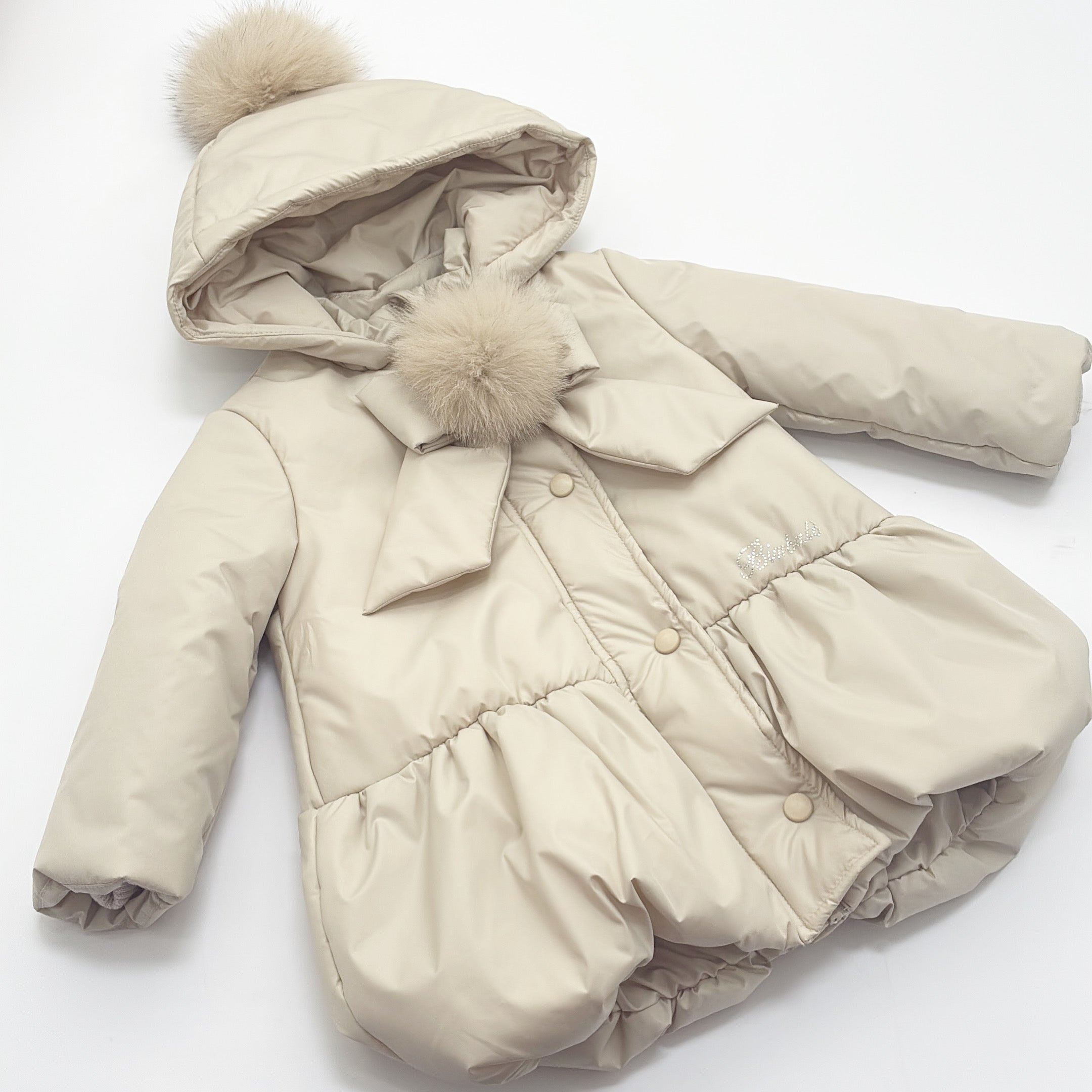 AW25 Bimbalo Beige Fur Pom Pom Coat