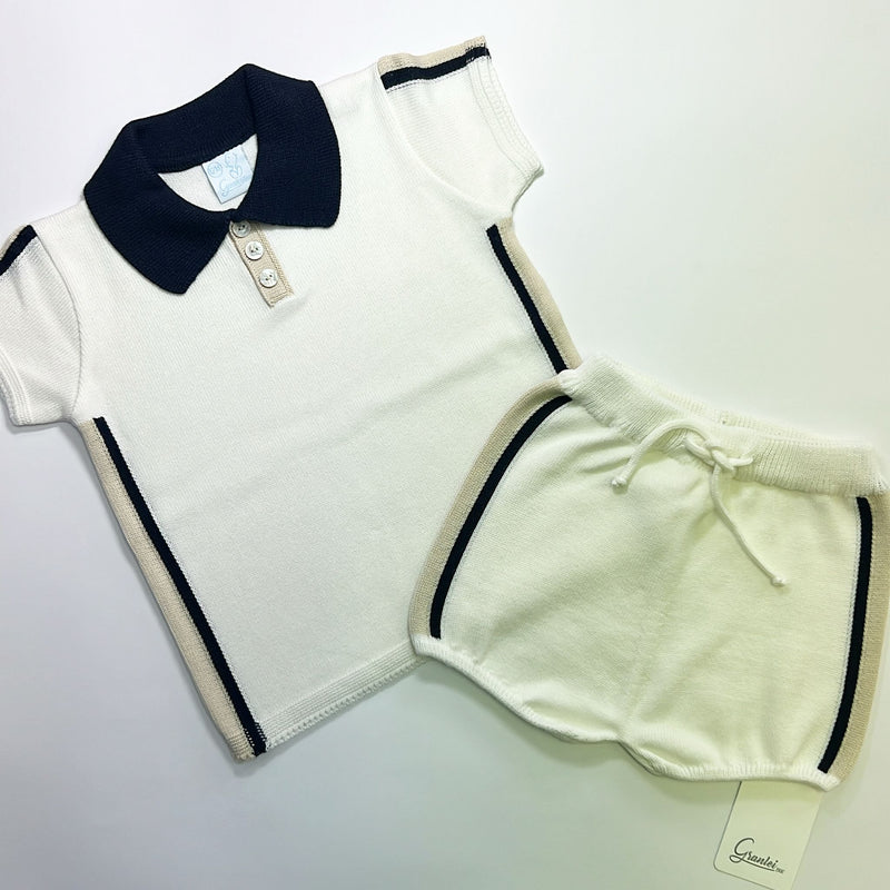 SS25 Granlei Ivory Beige & Navy Stripe Knitted Shorts Set