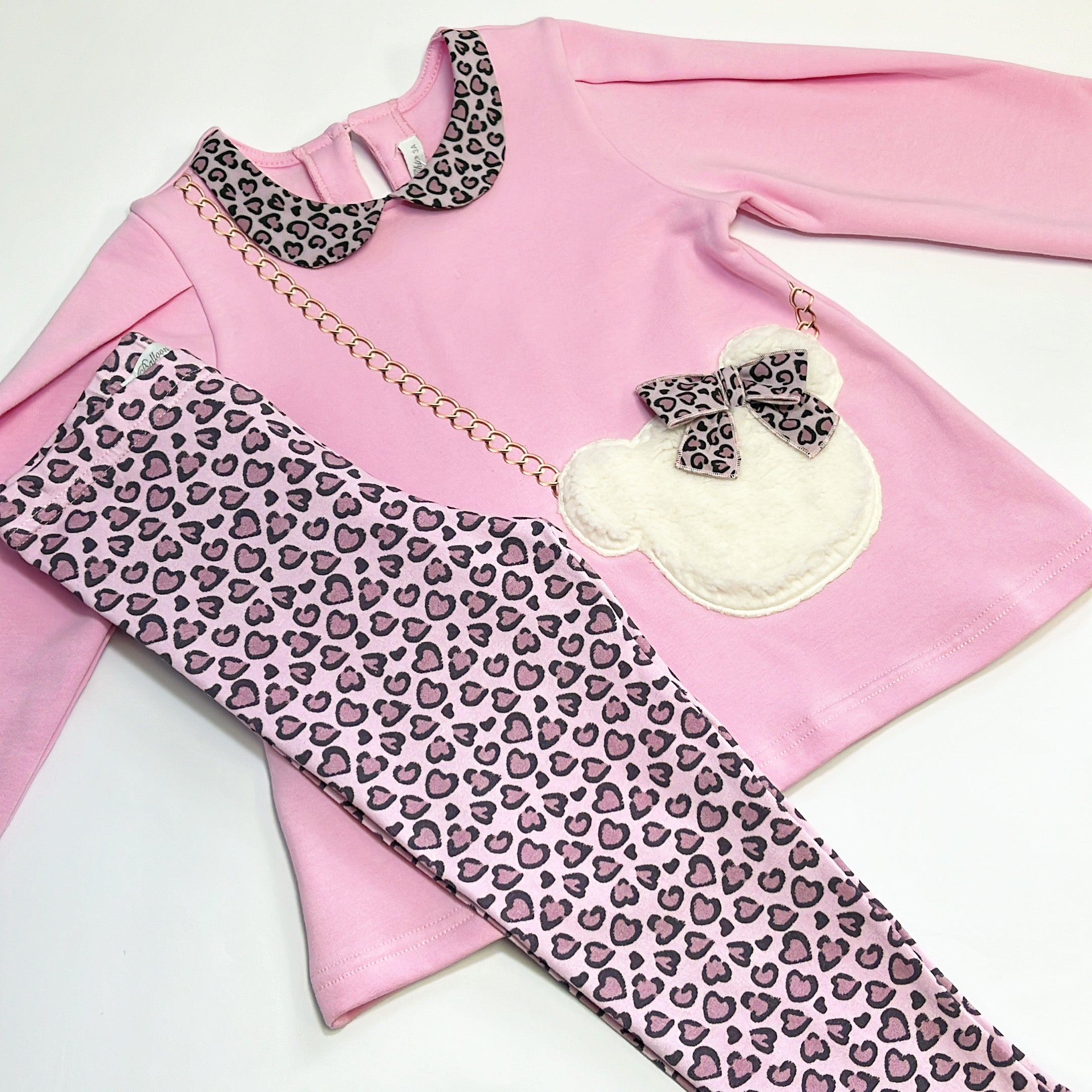 Balloon Chic Pink Leopard Print Faux Fur Teddy Handbag Legging Set