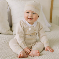 Emile Et Rose HUDSON Beige & White Knit Teddy Bear Trouser Set With Hat