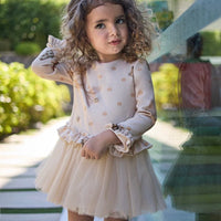 AW25 Bimbalo Beige Bow Print Tulle Frill Dress