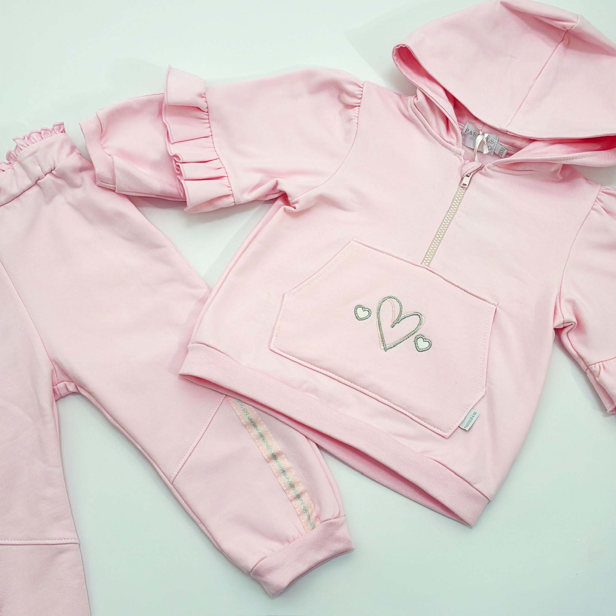 AW25 Pastels & Co KIRSTY Pink & Silver Hearts Hooded Frill Tracksuit