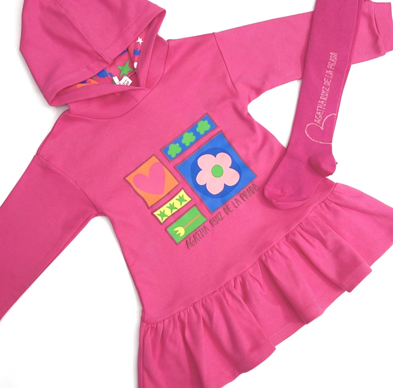Agatha Ruiz De La Prada Baby Girls Pink Squares Hoody Dress With Tights