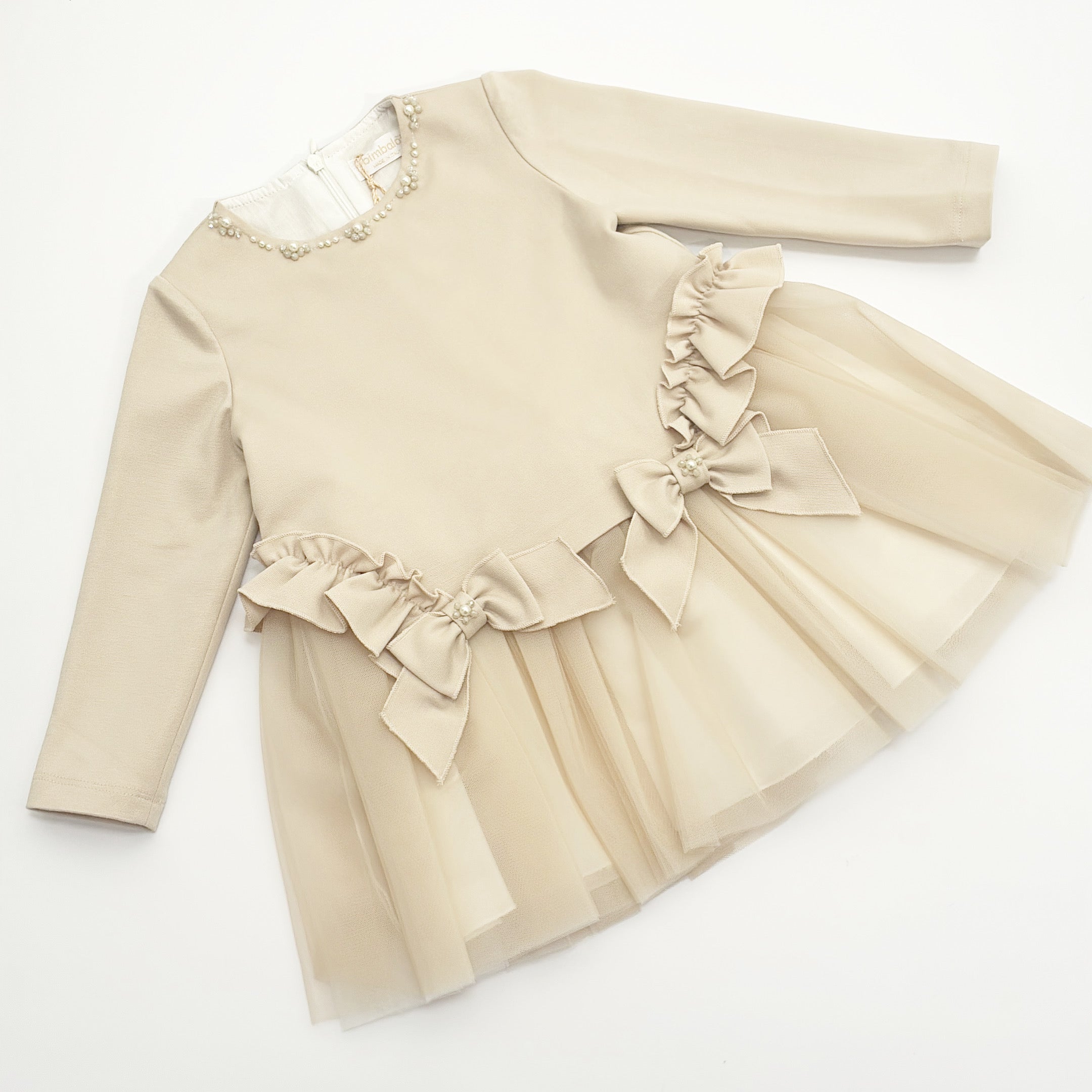 AW25 Bimbalo Beige Beads & Bows Tulle Dress