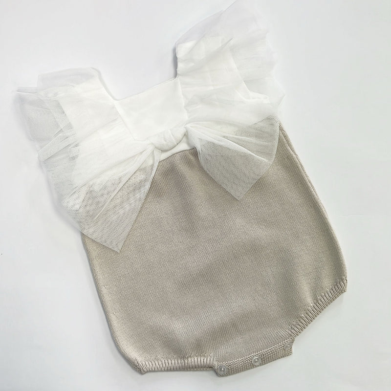 SS25 Granlei Beige & White Tulle Bow Frill Knitted Romper