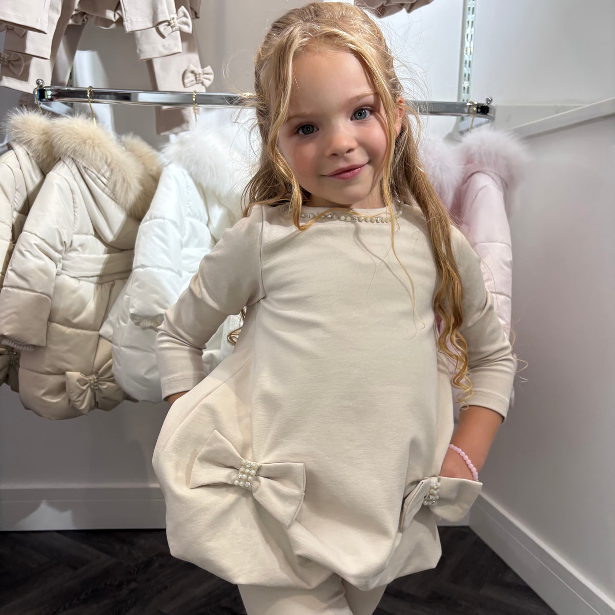 Bimbalo Girls Beige Puffball Leggings Set