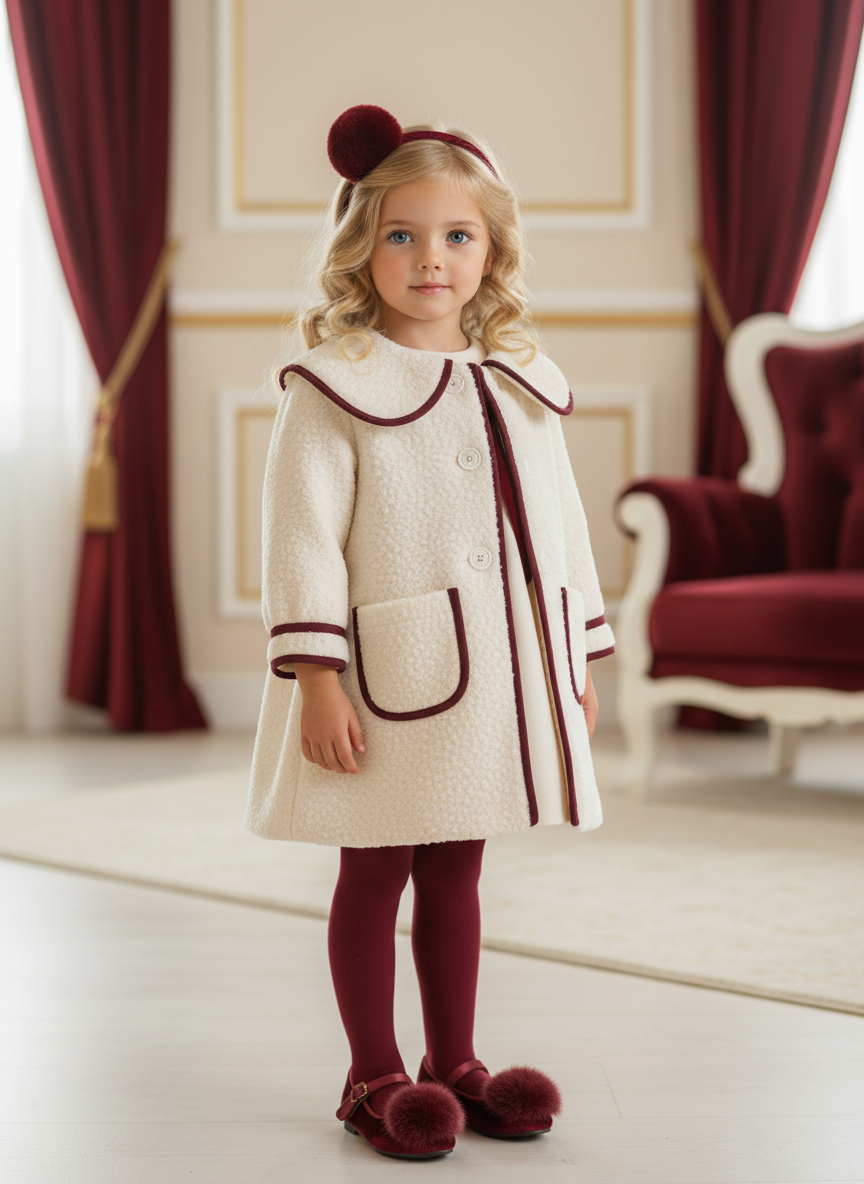 Be Chic Girls Ivory & Burgundy Bow Coat