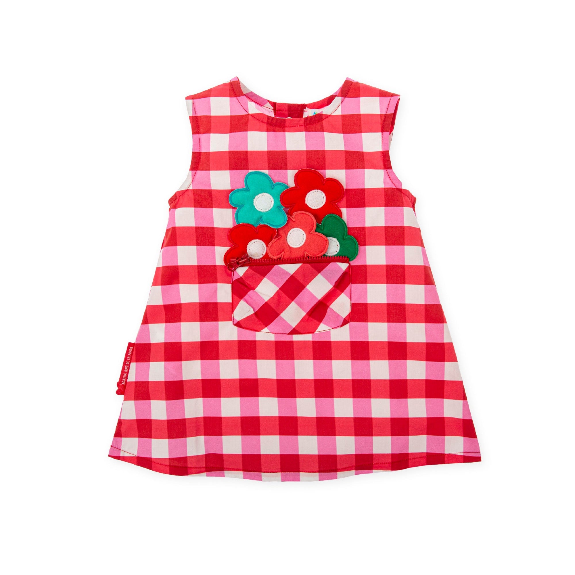 SS26 Agatha Ruiz De La Prada Baby Pink & Red Checked Floral Pocket Dress