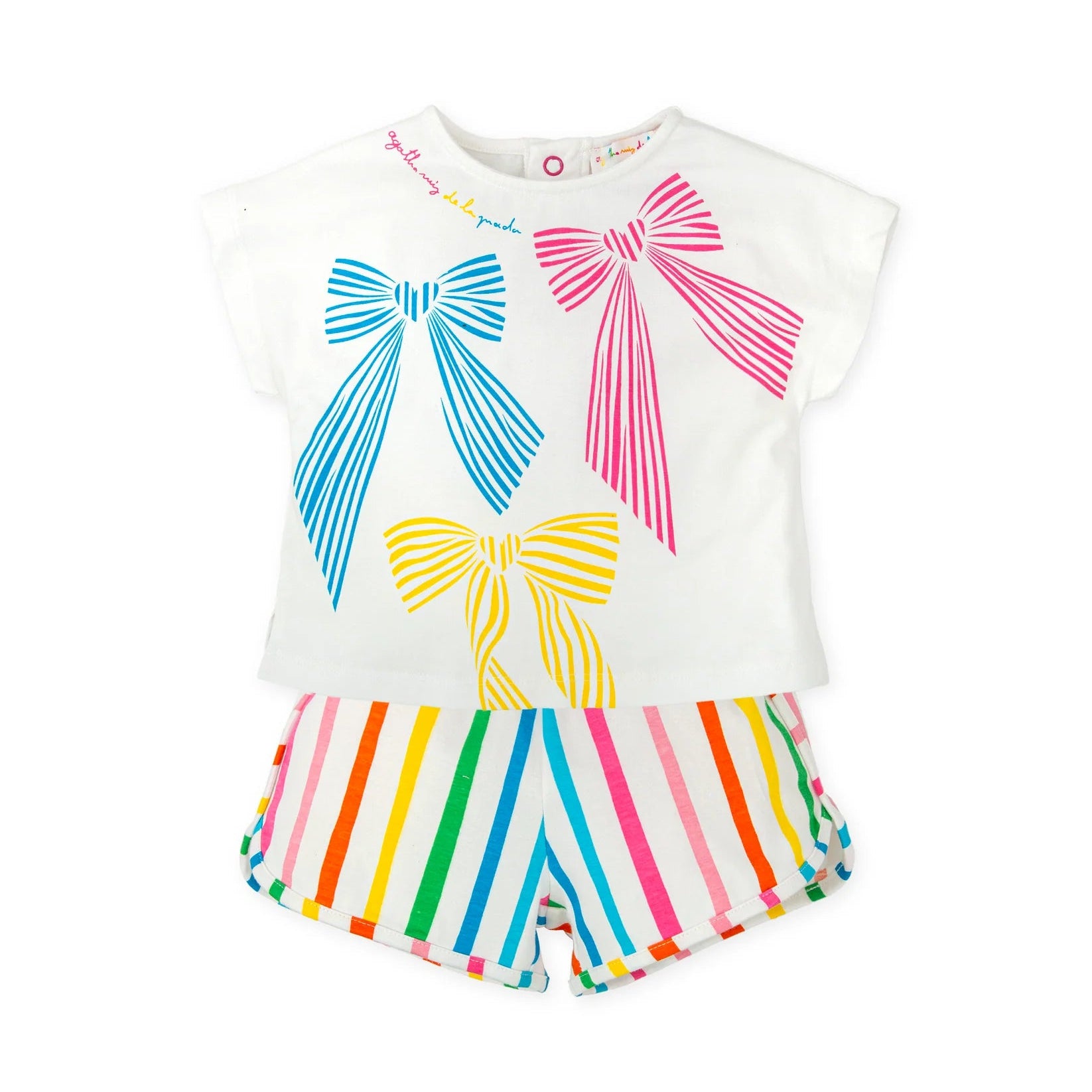 SS26 Agatha Ruiz De La Prada Baby White Multicoloured Bow Striped Shorts Set