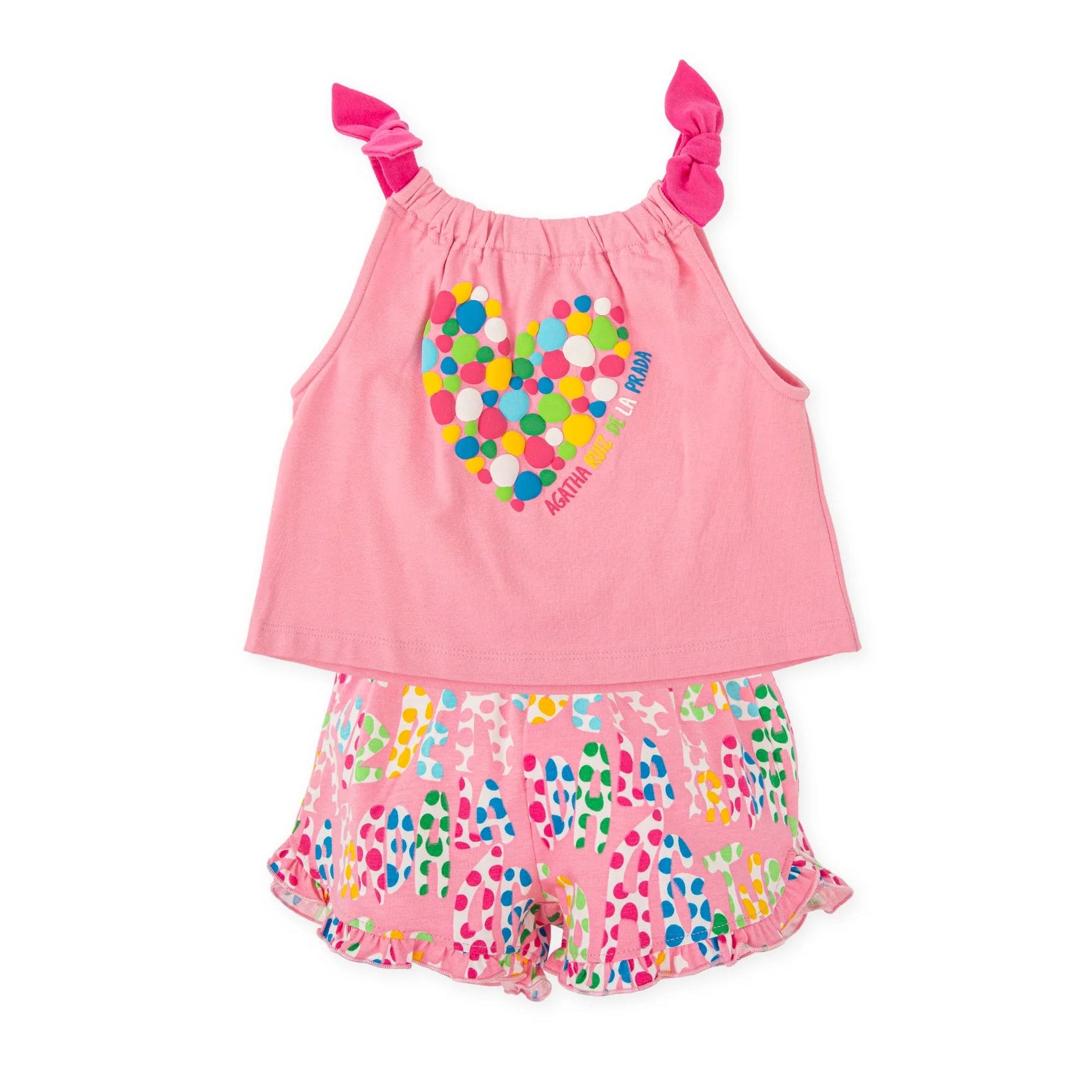 SS26 Agatha Ruiz De La Prada Baby Pink Multicoloured Spotty Logo Shorts Set