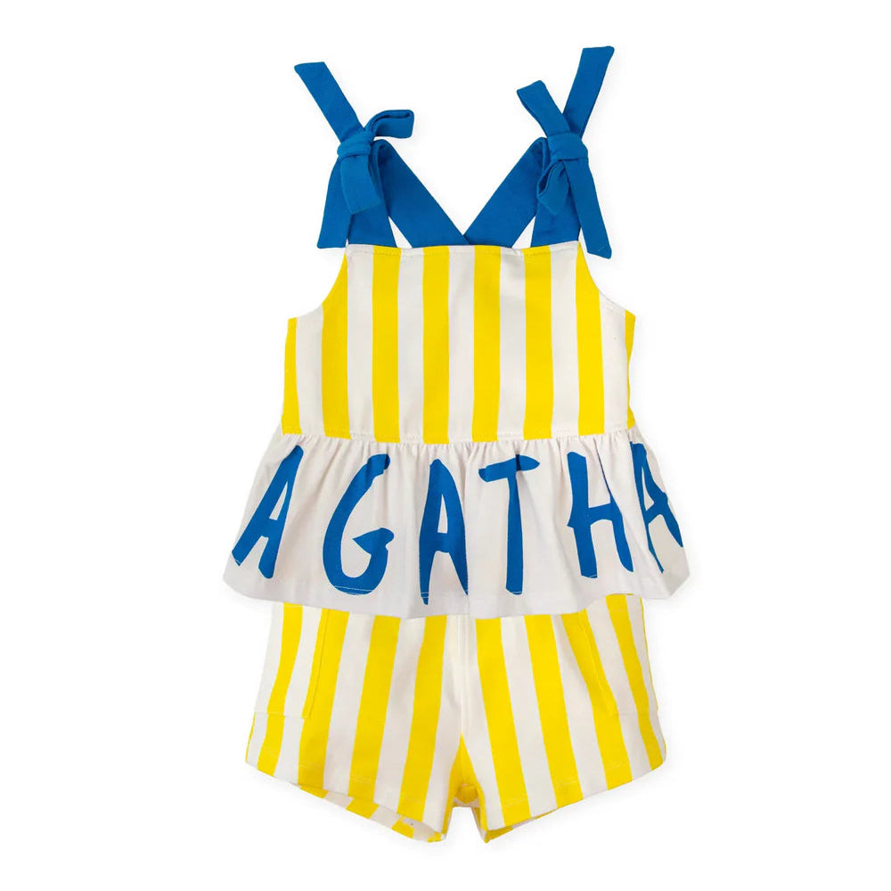 SS26 Agatha Ruiz De La Prada Baby Blue Yellow & White Striped Logo Shorts Set