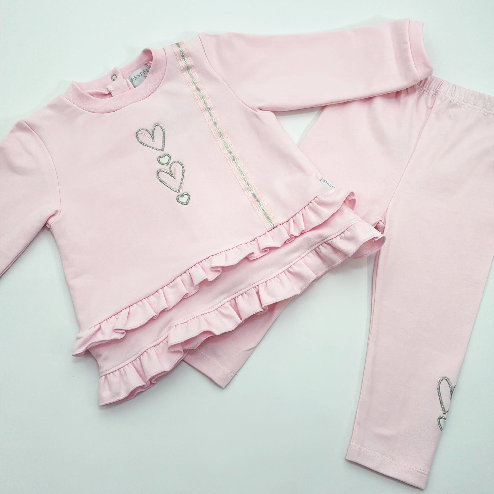 AW25 Pastels & Co MARTHA Pink & Silver Hearts Frill Sweatshirt & Leggings Set