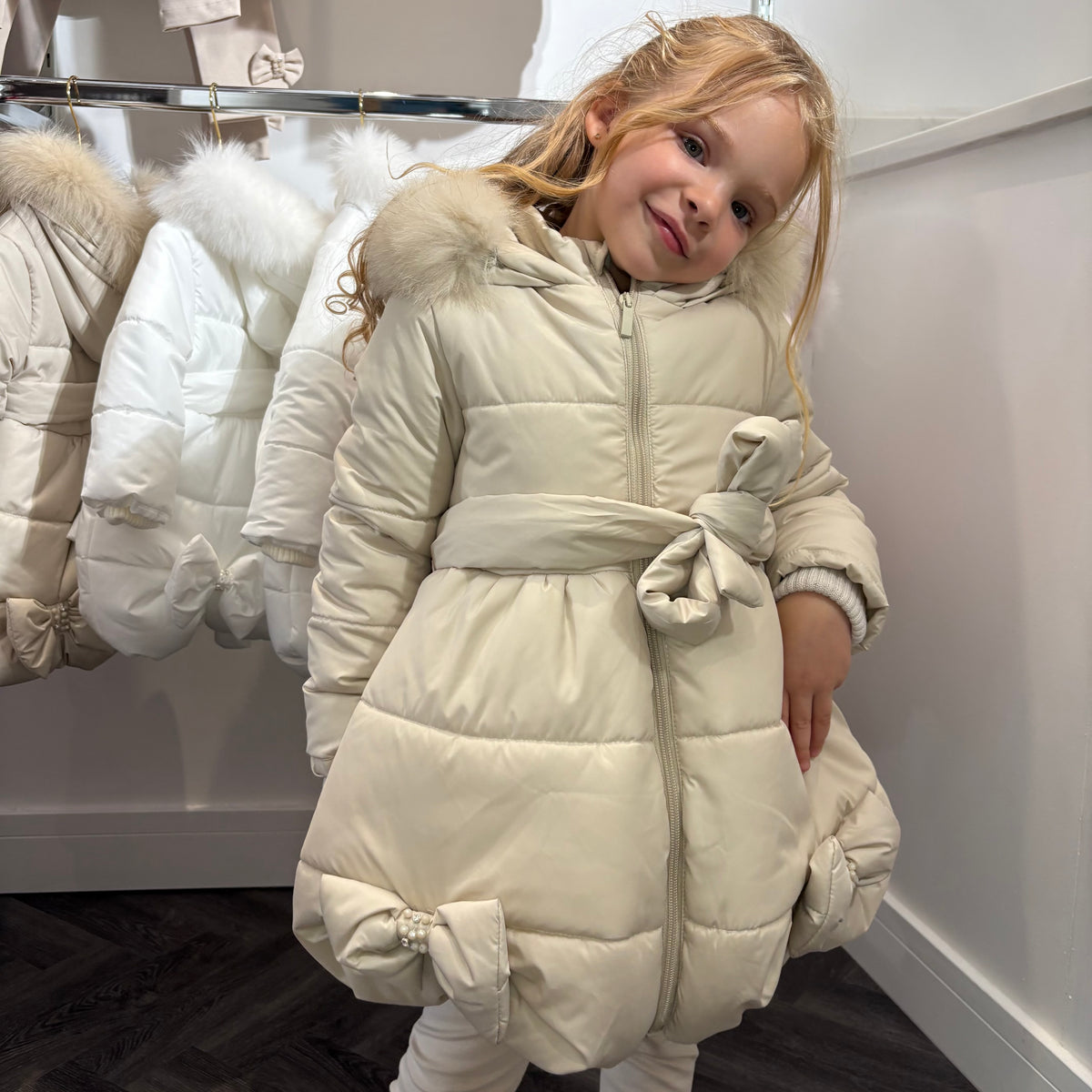 Bimbalo Girls Beige Puffball Fur Coat