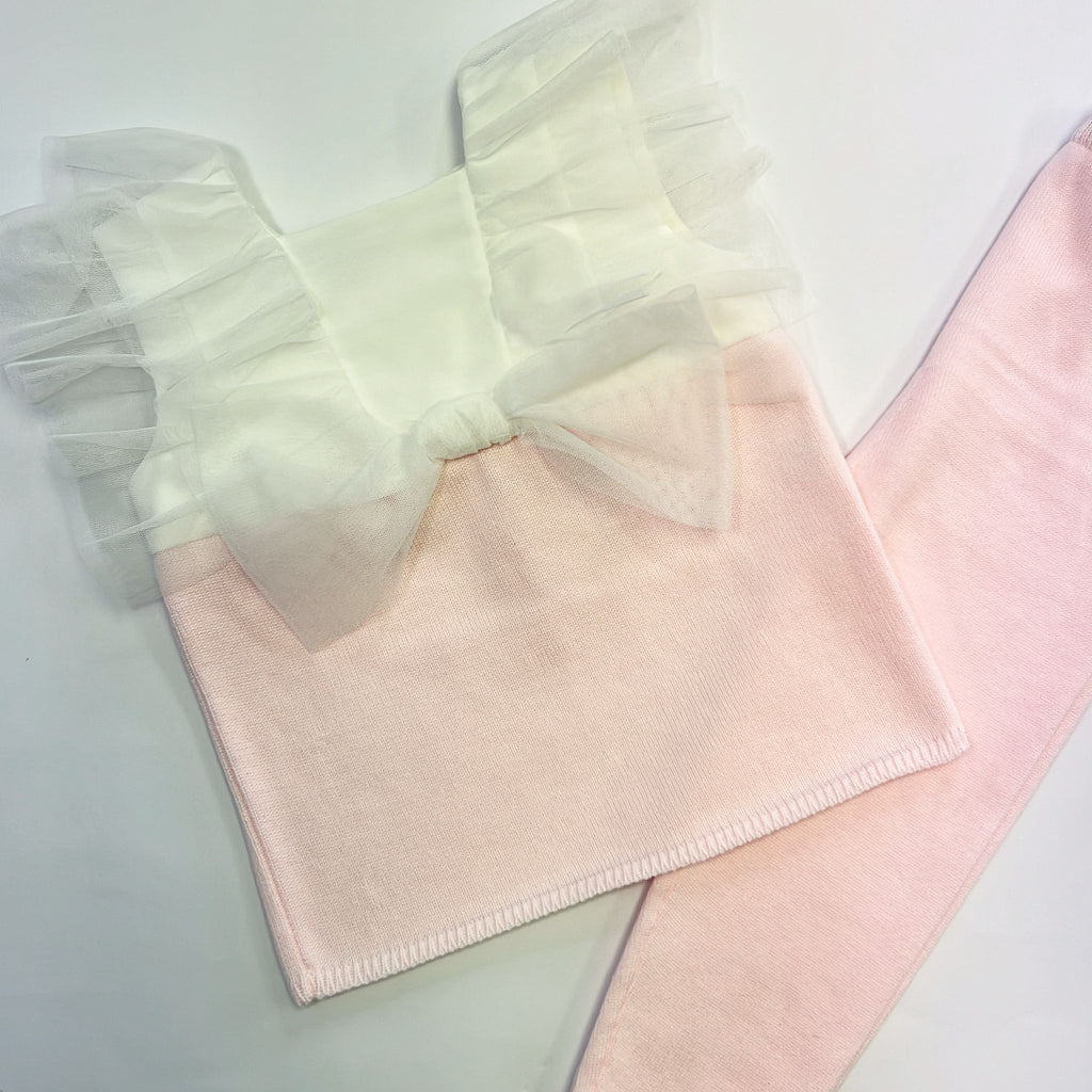 SS25 Granlei Pink & White Tulle Bow Frill Knitted Leggings Set