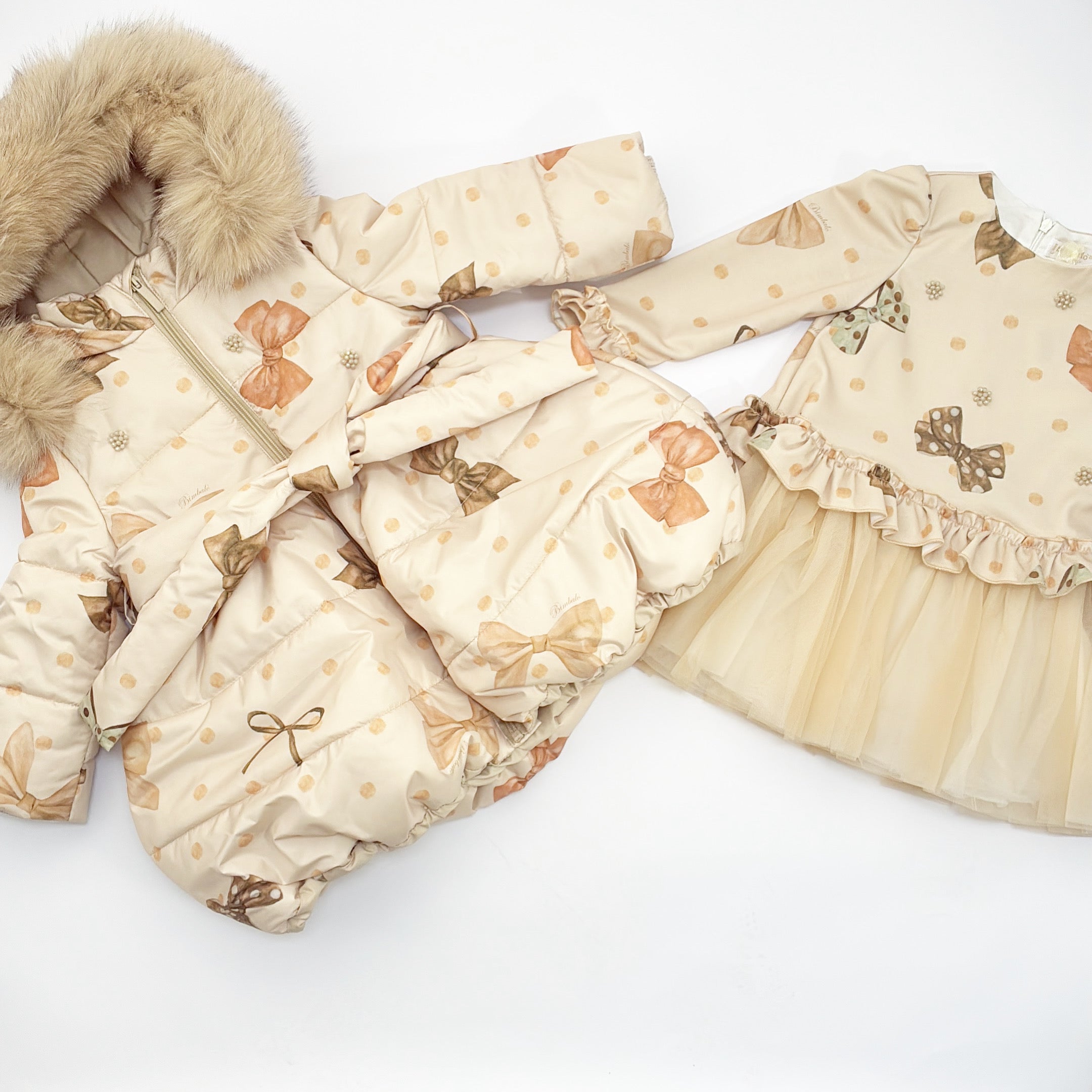 AW25 Bimbalo Beige Bow Print Fur Coat