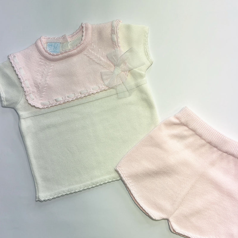 SS25 Granlei Pink & Ivory Tulle Bow Panel Knitted Shorts Set