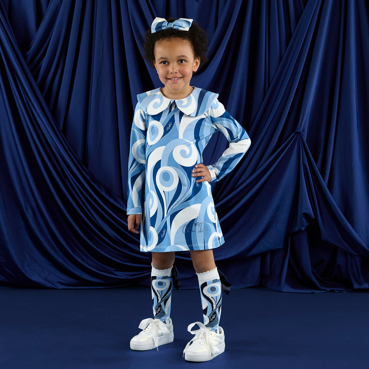 AW25 ADee NORA White & Blue Swirl Print Collar Dress