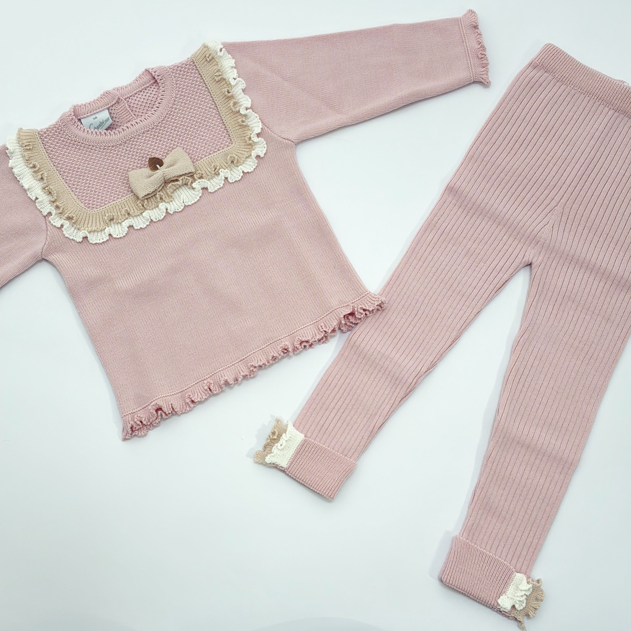 AW25 Granlei Pink Beige & White Bow Frill Panel Leggings Set