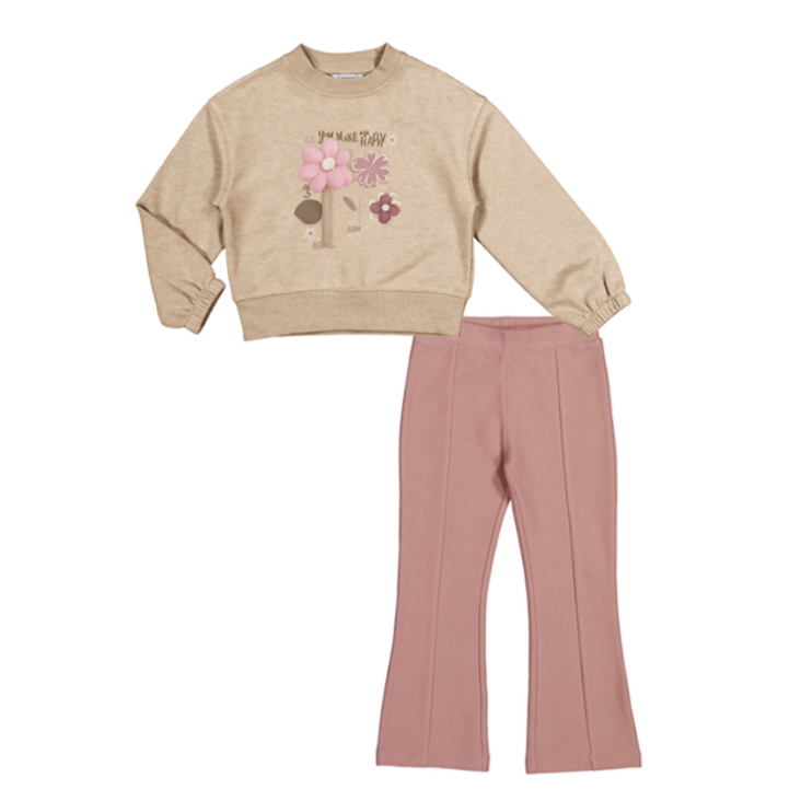 Mayoral Beige 'You Make Me Happy' Flower Flare Legging Set