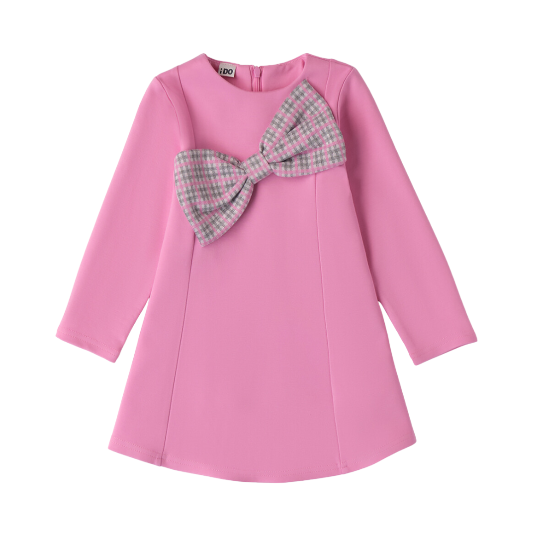 iDO Pink & Grey Check Bow Dress