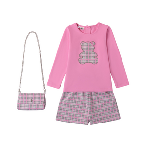 AW24 iDO Pink & Grey Check Teddy Short Set With Bag