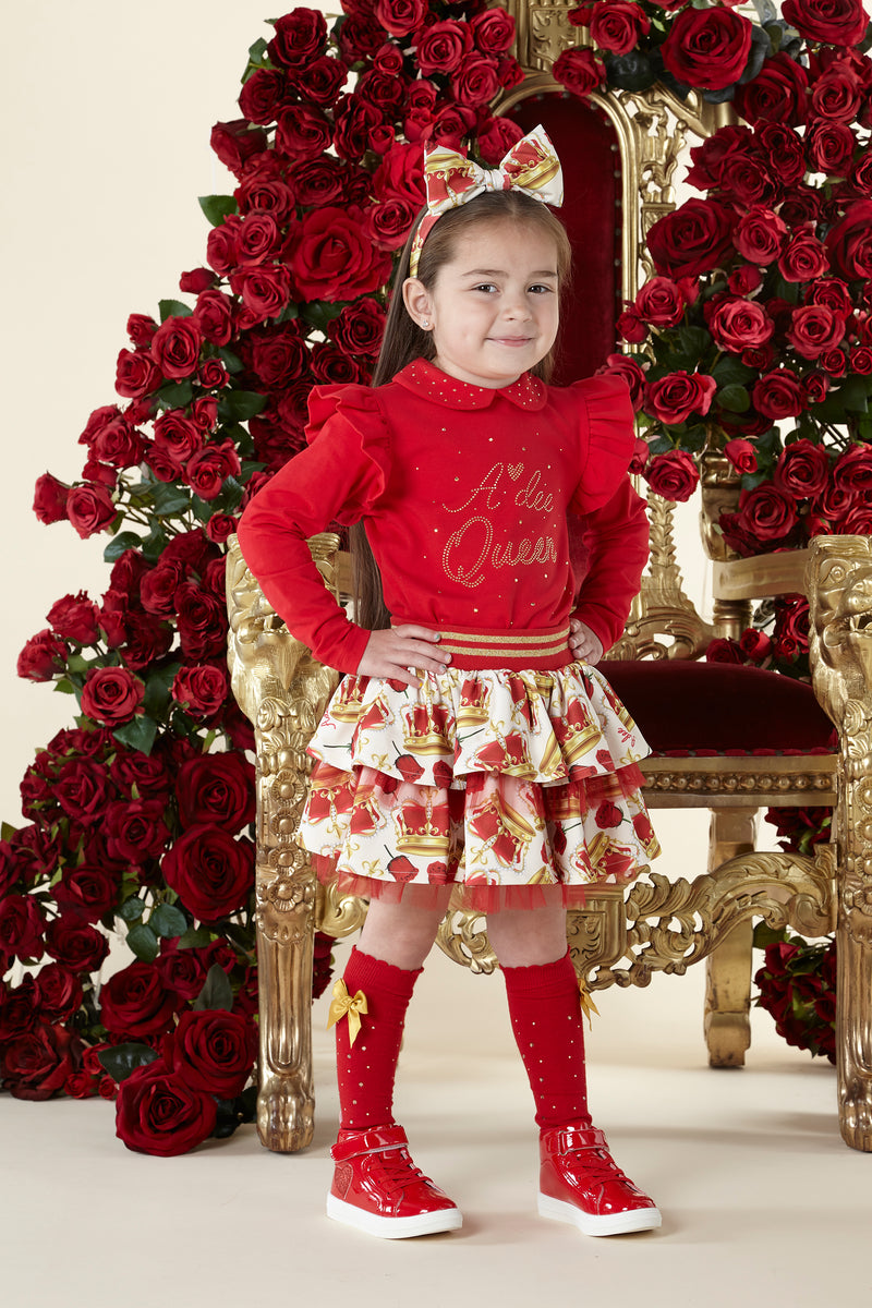 AW23 ADee CAITLYN Red & Gold 'Adee Queen' Crown Print Frill Skirt Set