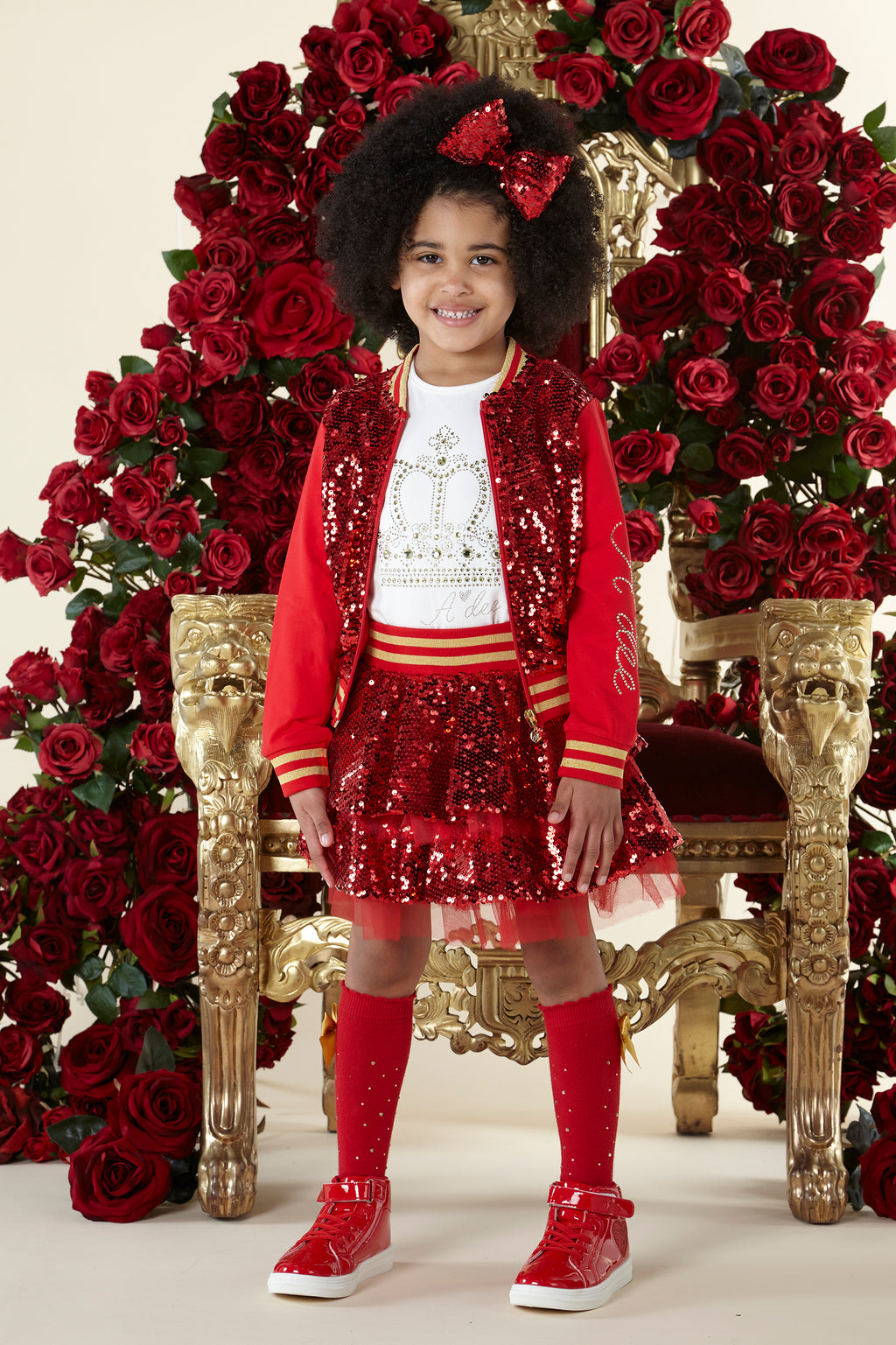 AW23 ADee CHLOE Red White & Gold Crown Sequin Frill Skirt and Top Set (Jacket Separate)